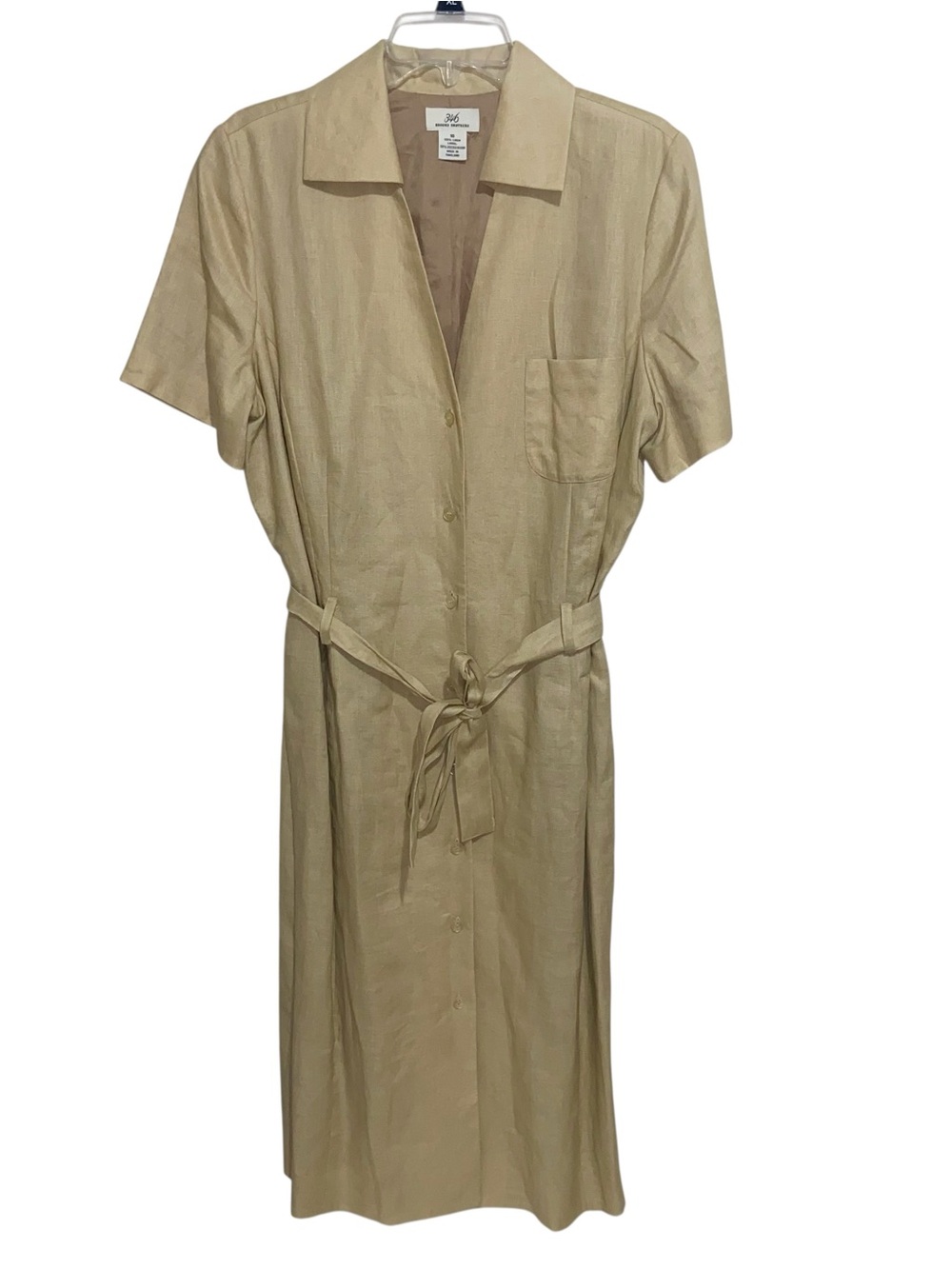 Brooks Brothers Shirt Dress Womens Size 16 Linen Button Front Belted Safari Tan